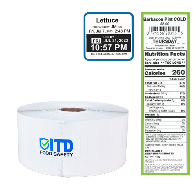Continuous 2" x 2900" inch Food Safety Labels with removable adhesive.
