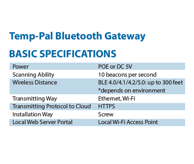 Specs Temp-Pal Remote Temperature Monitoring made Simple. Get a text message next time your cooler or freezer goes down! 24x7x365 remote monitoring in the cloud.