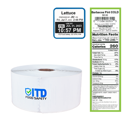 Continuous 2" x 2900" inch Food Safety Labels with removable adhesive.