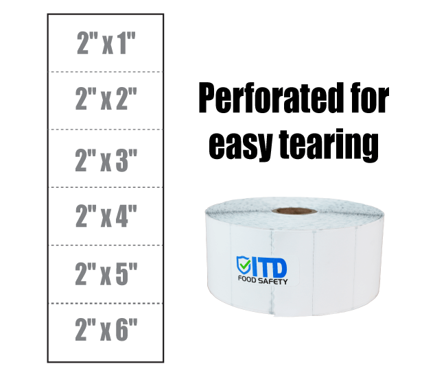 2" x 2900" Perforated Continuous Labels. Easily adhere to containers with permanent adhesive for efficient organization of back-of-house areas. Ideal for use with a First In, First Out (FIFO) system of perishables, these labels help maximize kitchen safet