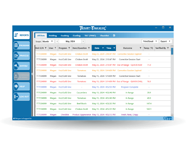 Temp-Taker-screen Temp-Taker 7 takes HACCP management to a whole new level by enhancing food safety while minimizing human errors. Wireless Bluetooth technology delivers the results instantly and generates clear, detailed records that are electronically accessible and completely organized. Stop handwriting temperatures and checklists and start utilizing the power of Temp-Taker 7.